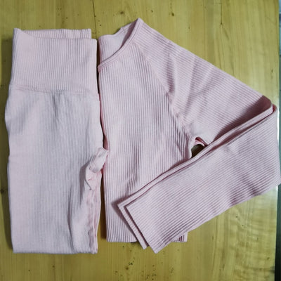 2 Piece Set Women Ribbed Seamless Long Sleeve Yoga Sets