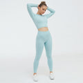 2 Piece Set Women Ribbed Seamless Long Sleeve Yoga Sets